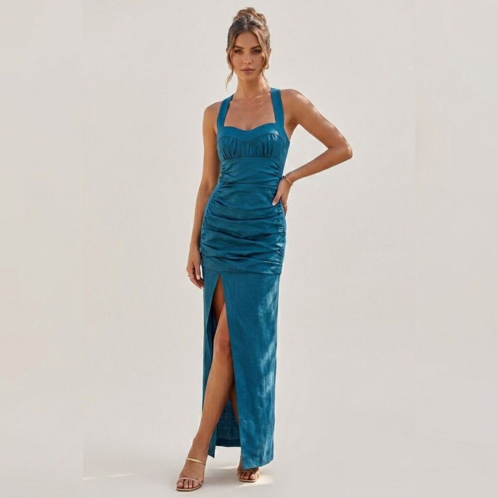 Vintage Jessica McClintock Maxi Dress Ruched Cutout 90s Grunge Blue Women sz 2-4